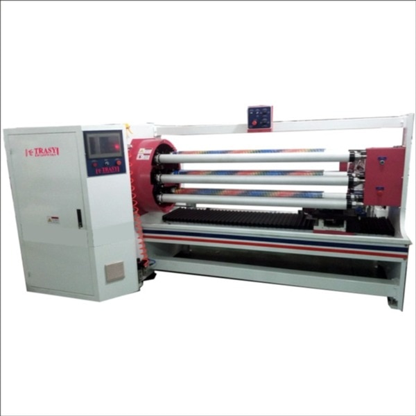 Six Shaft Roll Slice Cutting Machine: Trasy Enterprises is a machine manufacturing company from Mumbai, India. We also have a machine manufacturing unit in Kunshan, China. We make slice cutting machines for adhesive tapes from 1300mm width & 1600mm width. A range of Semi-automatic, Automatic and fully automatic slice cutting machines is the range of products. This machine has six shafts log roll tape slice cutting machine. It has a turret exchange system, suitable for high-speed slice cutting log rolls of BOPP packing tape, PVC Insulation tape, Masking tape, Double-sided tape, Duct tape, Aluminium foil tape, etc. This machine can cut the Max-width of 1300mm, Maximum diameter of the roll can be 140mm. The smallest possible width of cutting is 2mm. The Cutting Speed of the machine is about 35cuts/min. The cutting position accuracy is 50 microns. The inner diameter of the paper tube is 76mm. This is a very cost-effective high production machine.Shaft motor drive AC-5HP+inverter(Mitsubishi) 1set/setBlade motor(Stepless speed regulation ) AC-3HP+inverter(Mitsubishi) 1set/setChange system Cylinder drive Positive and negative exchange type 1setDimension setting control 750w servo motor/drive(Mitsubishi) 1set/setCutting setting control 750w servo motor/drive(Mitsubishi) 1set/setBlade angle setting control 100w servo motor/drive(Mitsubishi) 1set/setSize/Cut part(screw rail) High precision(Taiwan ABB) 2setsAutomatic cooling system Water jet type 3setsShaft clip Automatic pneumatic type 6setsCutting shaft rear bracket Barometric swing (Automatic thimble) 3setsBlade 160mm (Tungsten steel) 3setsCutting Shaft 76mm, 38mm each 6setsGuide rail, lead screw lubricating system Manual oil feed type 2 setScreen 10.2 inch LCD screen (kunlun) 1set/setPLC control system Mitsubishi (50 sizes Record) 1set/setMaintenance tools Deli brand 1setPVC roll 76mm, 38mm each 10 sets