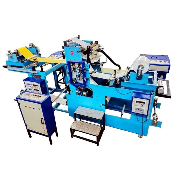 MODEL HMC 12-2 This machine is a hot melt adhesive coating machine. The machine has two heads of slot die coating and two melting units. This enables to coat on both sides of the substrate in a single operation. As a result, it gives double production and less wastage.This machine is designed especially for making sticky insect traps. It has the capacity to hold 300mm wide rolls and coat up to 300mm wide. Along with double coating heads, it has 3 unwinds and 1 rewind.Two unwinds hold rolls of the release liner. These liners are coated with slot dies. These slot dies are fed with molten glue by two independent melting units. Both melting units have gear pumps for the controlled, constant and measured flow of glue.After coating on the release liners, both the papers are laminated with the PVC film sandwiched in between. This PVC film is dispensed from the third unwinder. After the lamination, all the three plies are wound at the winding station.All the unwinders are equipped with magnetic powder brakes and web guiding systems. The rewind station has a magnetic clutch for a taper tension controlled winding.