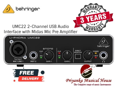 Audiophile 2x2 USB Audio Interface with Midas Mic PreamplifierProduct FeaturesShow less2x2 USB audio interface for recording microphones and instrumentsAudiophile 48 kHz resolution for professional audio qualityCompatible with popular recording software including Avid Pro Tools*, Ableton Live*, Steinberg Cubase*, etc.Streams 2 inputs / 2 outputs with ultra-low latency to your computer, supporting Mac OS X* and Windows XP* or higherState-of-the-art, Midas designed Mic Preamplifier with +48 V phantom powerPowerful Phones output with Level control and Direct Monitor selectStatus, Signal and Clip indications for perfect overviewUSB port for connection and powerFree audio recording, editing and podcasting software plus 150 instrument/effect plug-ins downloadable at behringer.com