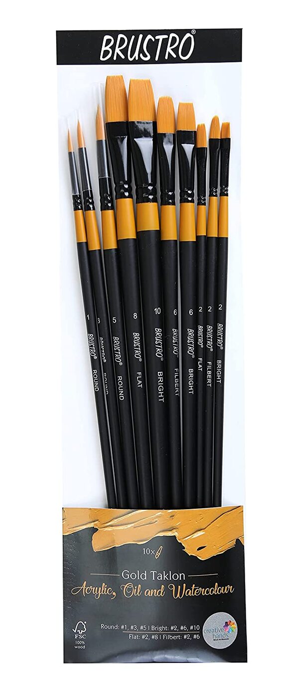 The Brustro Synthetic Golden Taklon (SET OF 10 brushes) range is tailored to the growing entry-level market.Ideal for Oil , Acrylic  & Watercolour paints.Includes 10 Long handle, Synthetic Golden Taklon brushes in assorted sizes.Suitable for everyone from home use to students and the beginner.