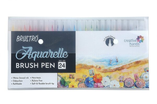 Watercolour brush pen with water-based ink, Soft and Flexible brush tip,Refillable,Non-toxic, Odourless, Xylene freeWorks like real water colour brushes. Colours can be spread with water and blended together.Shading effects can be obtained by dipping brush pen tip in water or tip to tip touching of tips to create gradient effect.Ideal for illustrations, modern calligraphy, DIY, designing, manga, scrapbooking, journals, card-making, hand-lettering and others.
