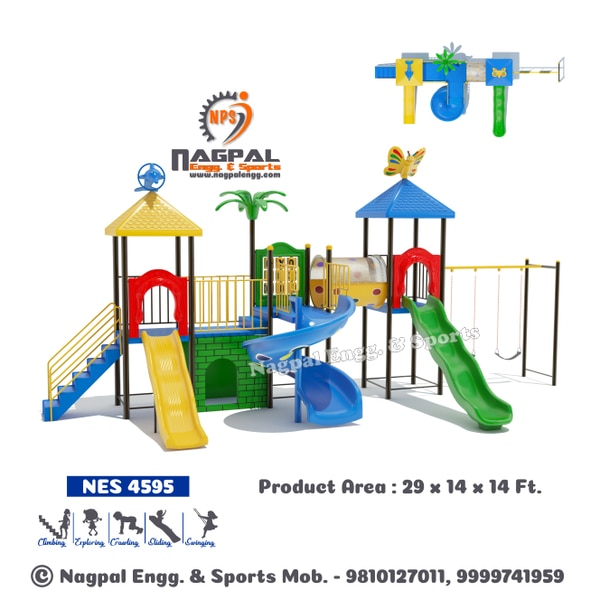 Product Code: NES 4595Product Size: 22Feet x 13 Feet x 12 FeetConsistes: Three Platfrom System with Combination of One dolly Slide, One Wave Slide,One Spiral slide,One Double Swing,One Ladder,One Tunnel Bridge,One Plain Platform etc