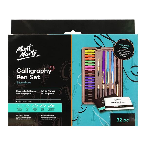 Monte Marte Calligraphy Pen Set- 33 PiecesThis Mont Marte Calligraphy Set of 33 pieces provides you with 4 classic style pens, 5 nibs and 20 ink cartridgesThis comprehensive set allows you to develop calligraphy skills and to express creativity through a wide range of lettering stylesThe handy instruction booklet included in the set offers a letter-by-letter introduction to the art of calligraphic writing along with handy tipsThe nibs are great for Roman Round Hand, Italic, Gothic, Uncial and other writing styles