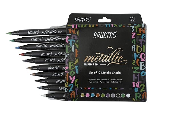 Metallic Colours- 10 vibrant shades - gold, silver, red, blue, bronze, green, purple, sea- green, black, white. They work on most surfaces, both on dark and light surfaces .Non Toxic Brush pens - Japanese nibs . Made with specially formulated, opaque, indelible ink, permanent on most surfaces. These are water based. xylene-free and odourless. Environmental friendly , premium quality ink is chemically stable, fade resistant and dries quickly.Works on most surfaces like cardstock, black paper, stone, plastic, glass, ceramics, fabric, metal and wood. Great choice for scrapbook kit, photo album, gift card marking, thank you cards and more. Brustro Metallic brush pens are a great media to use for art projects, black paper crafts, diy crafts, drawing, gift making, customized mugs, rock painting, adult coloring activities, and holiday decorations.