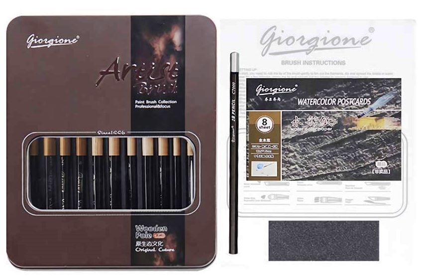 Giorgione 12 Pieces Paint Brush Set Includes Carrying Case With Free Pencil and Sponge for Acrylic, Oil, Watercolor