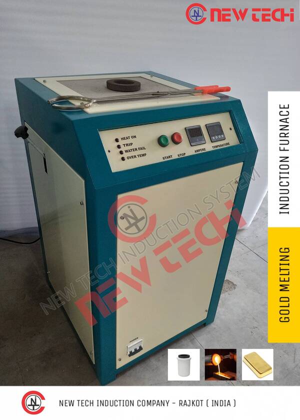 Induction Gold Melting Furnace is based on the latest and most advanced IGBT induction technology.Induction Gold Melting Furnace/Machine is extensively used in Jewellery workshop, Jewellery showroom, Gold casting, Gold refining, Refinery, Bullion, chain making, Bangle making, Retail showrooms, Lab and Research Institute. Technical Details : Input Voltage - 415 VAC Power Supply - Three Phase Melting Material - Gold Brand - NEW TECH Technology - IGBTMax Temperature - 1200 Degree Melting Time - 5 min * Frequency - 50 HZ / 60 HZ Absorbed Power - 8 Kw Capacity of Crucible - 2 Kg Temperature Measurement - K type Cooling Water Temperature - 20 to 30 degree Water Pressure - 3 Bar Maximum Water Flow - 20 Lit/ Min Weight ( with chilling unit ) - 220 Kg Manufacturer - NEW TECH INDUCTION COMPANY