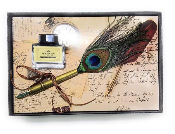 WONDERFUL WRITING PEN:The vintage Retro Style Writing Quill Old Fashion Peacock Feather Dip quill stylus is a charming antique writing instrument,as a writing instrument to record every stage of European civilization. Elegant in appearance and appearing demeanor upon writing, it prospers all the rage in Europe and for a long historical period100% brand new and high quality Natural feather,vary in every texture, shape, size, forms with no duplication; both sides are asymmetrical feathers. After rigorous degreasing, sterilization, dyeing, silk processing,Strict treatment, disinfection, dyeing, is the high quality of the feathersStrict treatment, disinfection, dyeing, is the high quality of feathers EASY to USE: Uniquely casted metal stem allows excellent positioning of nib on paper.Package included: 1 x Peacock Feather Dip Pen and 15ml Black Color Ink Bottle in carboard black gift box Great and Practical Gift for friends and your family
