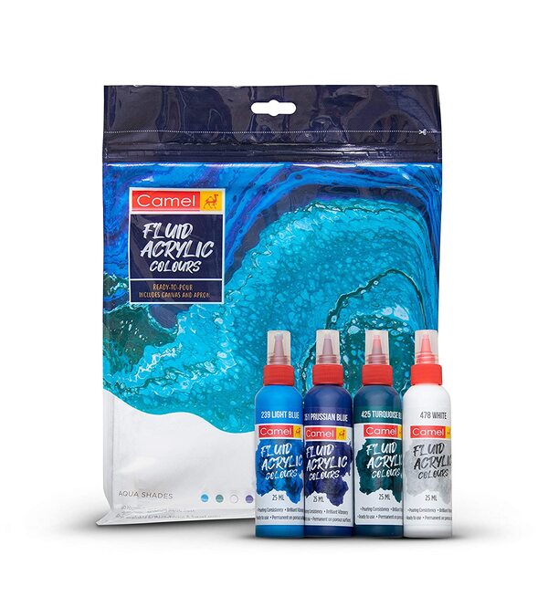 The kits consist of 4 shades of 25 ml each, 1 canvas board and 1 apron (so you don’t spoil your clothes 😊). There’s nothing you would need which is not a part of this kit already! Get your hands on Fluid Acrylic Kits today, and make a statement with your masterpiece art!