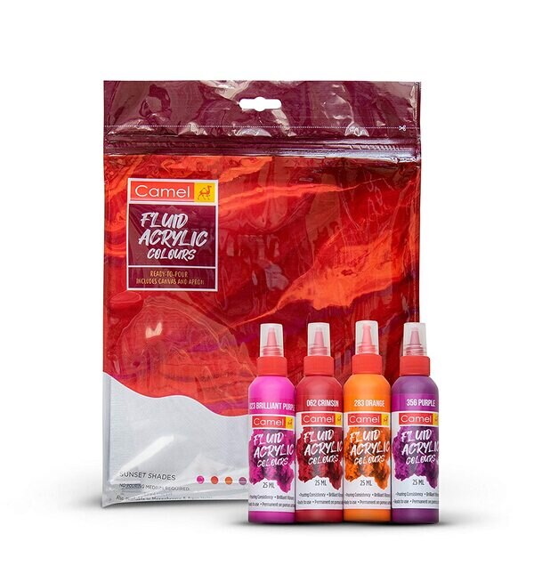 Set of canvas board + 4 shades of 25ml each - Crimson, Purple, Brilliant Purple, OrangeContains an apron so you do not spoil your clothesNo additional art material required to make fluid art with this kitCarefully picked colour combination for best finished resultsIdeal for gifting