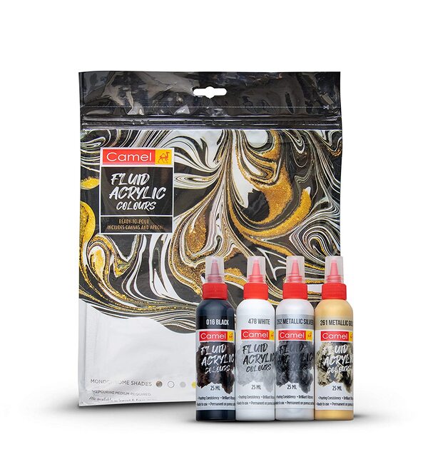 Product 1: Set of canvas board + 4 shades of 25ml each - Black, White, Gold, SilverProduct 1: Contains an apron so you do not spoil your clothesProduct 1: No additional art material required to make fluid art with this kitProduct 1: Carefully picked colour combination for best finished resultsProduct 2: Set of canvas board + 4 shades of 25ml each - Prussian Blue, Turquoise Blue, Light Blue, WhiteProduct 2: Contains an apron so you do not spoil your clothesProduct 2: No additional art material required to make fluid art with this kitProduct 2: Carefully picked colour combination for best finished results