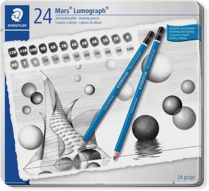 Staedtler mars lumograph pencils are premium-quality blacklead pencils for writing, drawing and sketching on paper and matt drawing film. The wide range of degrees makes Lumograph the ideal tool for artists and graphic designers. The lines reproduce well and the pencils are both easy to erase and easy to sharpen with any quality sharpener. The pencils are unbelievably break-resistant due to special lead formulation and super-bonded lead. This is a tin box containing 24 degrees from 12B to 10H.