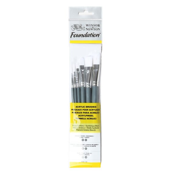 Short Handle Acrylic Brush; Hair - White Synthetic; Shape - Round (3,6), Filbert (3,6), Flat (10,14); No of pieces - 6; Size - 3, 6, 3, 6, 10, 14; available in yellow poly packsBrushes are available in round, flat or filbert shapes; round brushes provide excellent control and are good for lines and detail work; filberts are for broad strokes with a soft edge; flat brushes are excellent for bold, sweeping strokes and the edge can also be used for line work; the range also includes a 30mm wash brush which is good for washes and soft blending of larger areasThe brush you select for acrylic painting will depend on whether you need to move full bodied colour or control flowing colour. Winsor & Newton offer a variety of brushes with stiff hair for thicker colour or softer hair for thinned down applications in both natural and synthetic varietiesSuitable for watercolour, gouache, acrylics and oilThe Winsor & Newton Foundation range has been created to complement the artist quality student and professional ranges