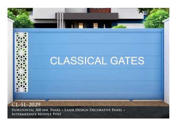 Sliding Gates ~ Horizontal 300 mm Panel + Laser Design Panel + Intermediate Middle Post