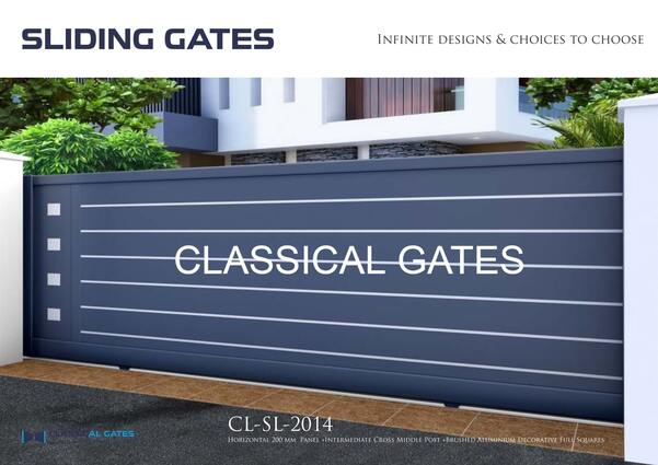 Sliding Gates ~ Horizontal 200 mm Panel + Intermediate Cross Middle Post + Brushed Aluminium Decorative Full Square 