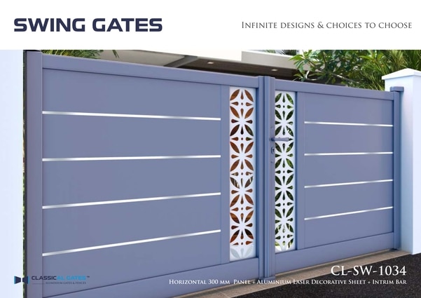 Swing Gates ~ Horizontal 300 mm Panel + Aluminium Laser Decorative Sheet + Intrim Bar
