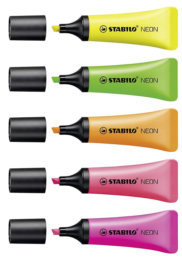 STABILO Anti-Dry Out technology: 4 hour cap off timeMinimalist tube design in a neon styleSoft grip surface for a convenient and comfortable holdWater-based inkTwo line widths 2 + 5 mmCountry of Origin: Czech Republic
