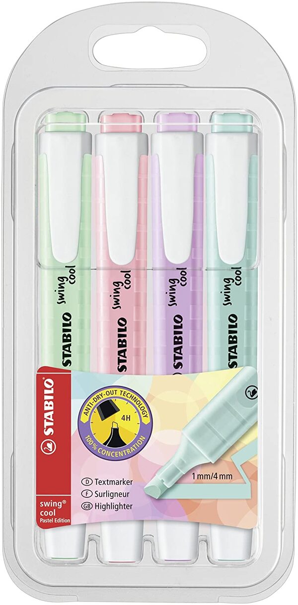 STABILO Anti-Dry Out Technology: 4 hours dry-out protection for concentrated workHighlight your notes and texts in fashionable pastel coloursMake use of 2 line widths (1mm & 4mm) with water-based inkMade in Germany. Pocket-sized highlightersA perfect match for all trendy people that are looking for something different at work, school or universityCountry of Origin: Germany