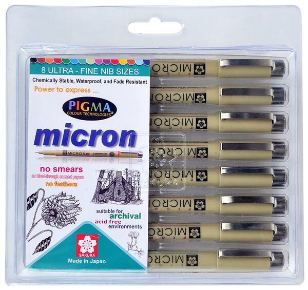 Sakura Pigma Micron Fine Line pens - Set - A (with 04 nib added) - Pack of 8 assorted nibs in Black colour (003,005,01,02,03, 04, 05 & 08 tip)