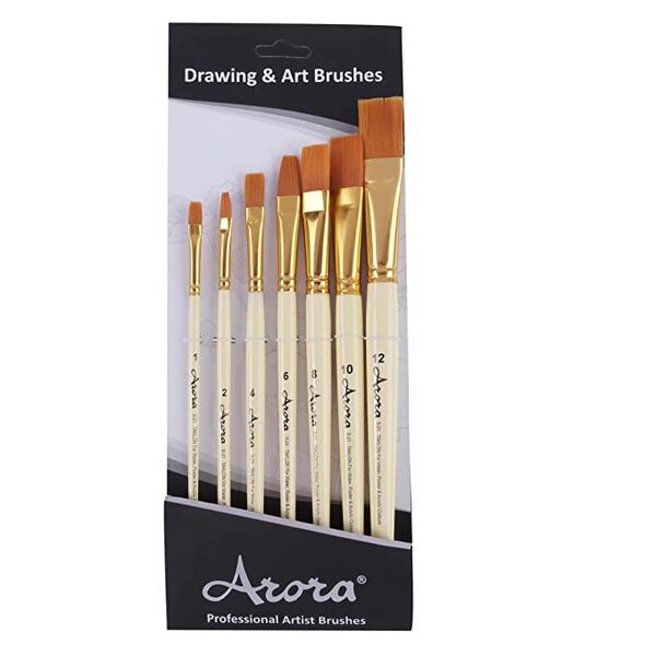 About this item7pc flat synthetic flat brush set . Consists of brush numbers - 1, 2 , 4 , 6 , 8 , 10 , 12Synthetic Bristles Do Not Spread or Stray. Remains Soft and Maintains Their Shape and 'Spring' After Cleaning.WOODEN HANDLE & BRASS FERRULES - Offers More Control of the Brush While Painting Close to the Canvas. Nickel Plated Brass Ferrules Bounds and Holds the Bristles So That They Don't Shed and Wiggle.FLAT BRISTLES - Perfect for Bold Strokes, Blending, Washes, Filling Wide Spaces and Other Painting Techniques. Each Brush is Labeled with a Number for Easily Choosing the Brush Size.Consistent and Smooth Flow of Paint with Remarkable Liquid Holding Capacity.