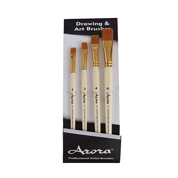 About this item4 pc flat synthetic flat brush set . Consists of brush numbers - 1, 2 , 4 , 6Synthetic Bristles Do Not Spread or Stray. Remains Soft and Maintains Their Shape and 'Spring' After Cleaning.WOODEN HANDLE & BRASS FERRULES - Offers More Control of the Brush While Painting Close to the Canvas. Nickel Plated Brass Ferrules Bounds and Holds the Bristles So That They Don't Shed and Wiggle.FLAT BRISTLES - Perfect for Bold Strokes, Blending, Washes, Filling Wide Spaces and Other Painting Techniques. Each Brush is Labeled with a Number for Easily Choosing the Brush Size.Consistent and Smooth Flow of Paint with Remarkable Liquid Holding Capacity.