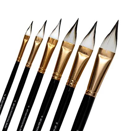 Art Asia Cat's Tongue 6 pc Synthetic White Hair Brushes Set for Acrylic, Watercolor, Gouache, Oil Painting