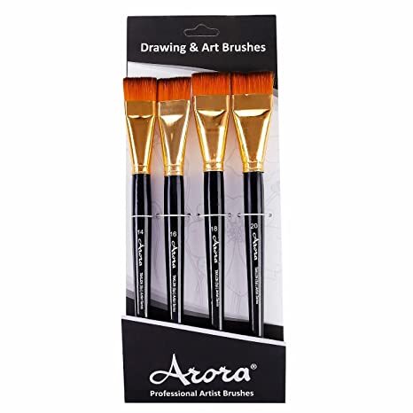 Short Hair Synthetic Flat Paintbrush Set of 4 for Watercolor & Acrylic Painting Numbers 14, 16, 18, 20