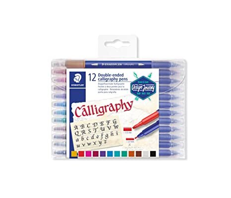 About this itemBoth side calligraphy pens for expressive lettering and decorative designsOne pen - two tips for narrow and broad strokesLine width approx. 3.5 mm and 2 mmPack of 12 colour pens