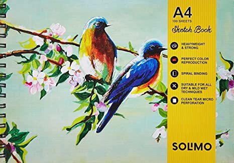 About this itemPremium quality sketching book with 100 micro-perforated drawing sheetsSheet size: A4, 29.70 x 21 cm ( 11.70 x 8.27 in)Spiral, metal wire-binded book for easily turning pagesAttractively designed, 370 GSM thick outer cover for extra protection120 GSM thick sheet ensures tear-free drawing even with sharp pencilsSuitable for dry and mild-wet mediums like graphite pencil, charcoal and colour crayons; not ideal for oil and acrylic coloursIdeal for pursuing sketching hobbies and professional pursuitsPackage content: 1 Amazon Brand - Solimo Sketching Book, 100 Sheets, A4 Size