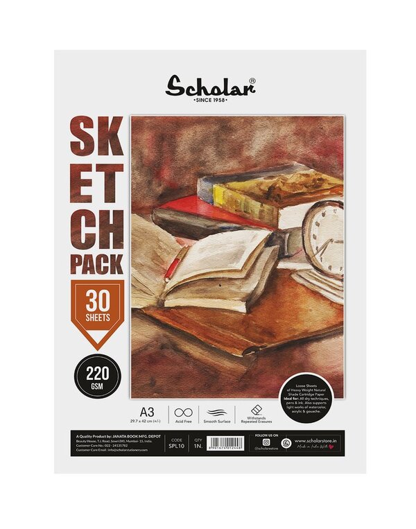 Natural Shade Cartridge PaperAcid FreeLoose SheetsSmooth SurfaceRecyclable Poly-bagSheets per packet: 30Size : A3Orientation : PortraitDimensions (in cm) : 29.7 x 42Gsm : 220