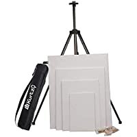 Material Characteristics: It is made up of lightweight steel material and knobs and clips are made up of high-quality PP material. The canvas is made of pure cotton with 280 GSM. The maximum height of the easel is 160 cm.Capacity: It can hold up to 1 Kg of canvas board weight and canvas height min 15 cm / 6