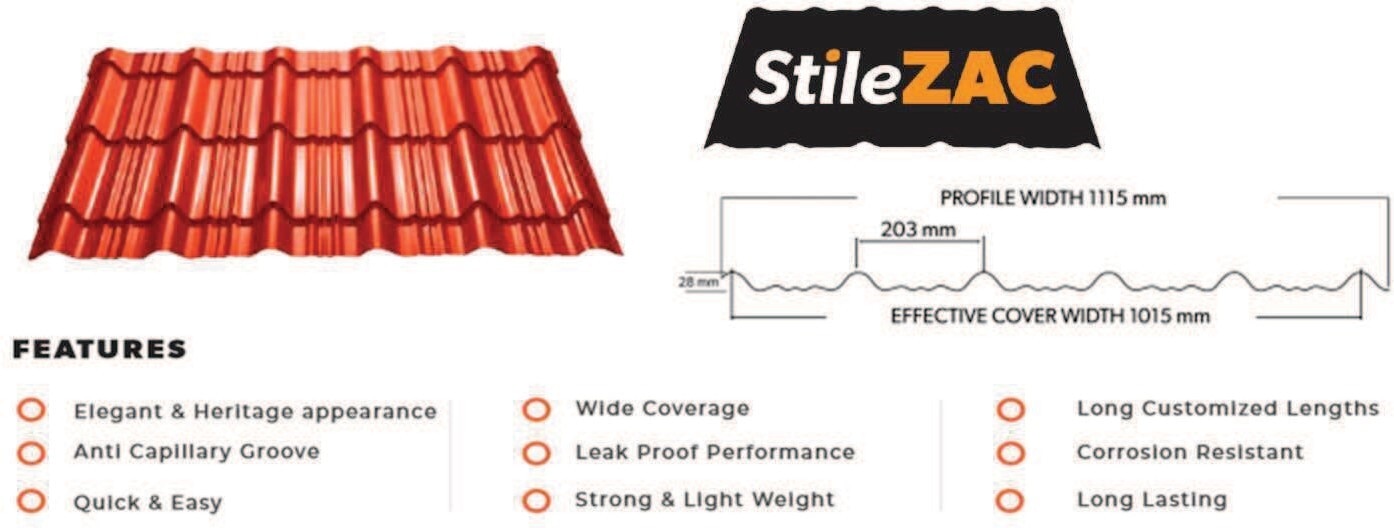 Zinalco STILEZAC is an Elegant Mangalorean type Metal Tile profile that gives a traditional heritage like appearance with step−like formation at regular intervals.