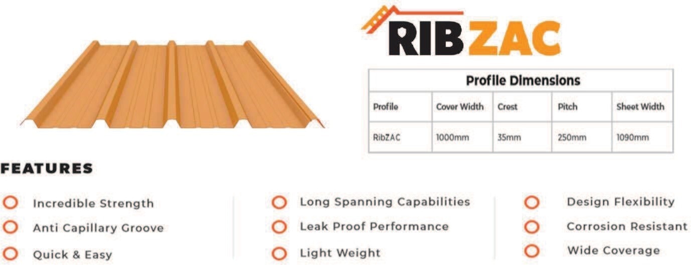 Zinalco RIBZAC is an innovative strong trapezoidal profile sheet with mini stiffening ribs that can be used in most of industrial, commercial, residential projects as roofing as well as cladding profile