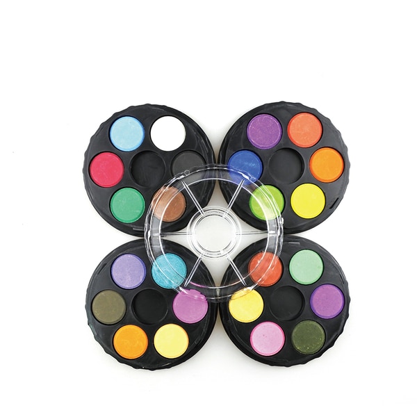 The watercolours in 36 colour shades and 22.5mm diameter tablets in round, plastic, one-floor colour pads. The colour shades are bold and characterized with high pigment volume.