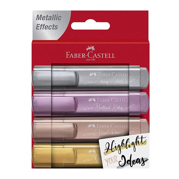 GLITTER HIGHLIGHTER PENS – Highlight your ideas! Add that extra dimension to your notes, journals and art with Faber-Castell metallic highlighter pens! These chisel tip highlighter pens are the perfect compliment to hand lettering and calligraphy, bible highlighters for journaling, note cards, bulleted journaling and more!4 METALLIC LINER MARKERS – These glitter highlighters come in 4 subtle, yet rich metallic colors that feature a sparkly hue: Shining Silver, Brilliant Ruby, Pearl Rose, and Glamorous Gold. The transparent ink has a lovely shimmer that doesn’t overpower your writing but adds the perfect amount of sparkleCREATE MULTIPLE LINE WIDTHS – No need for double ended highlighters with Faber-Castell text liners! Chisel tip design is ideal for writing and drawing in a variety of different thicknesses! Add a pop of sparkle with glitter highlighters that write in 3 different line widths – 1mm, 2mm, 5mmWATER BASED HIGHLIGHTER INK - An environment friendly school supply or stationery choice! Faber-Castell metallic highlighters feature water-based ink that is odorless, allowing for use in classrooms, office and small spaces. Create, plan and design with highlighter ink that is smudge-proof and provides even color laydown.FABER-CASTELL HIGHLIGHTERS - Faber-Castell colored highlighters feature a flat, ergonomic design that will not roll of your desk or workspace. Study glam in style with glitter highlighters designed to add sparkle to journals, planners, bibles and notes. Color code your habit trackers, calendars and more!