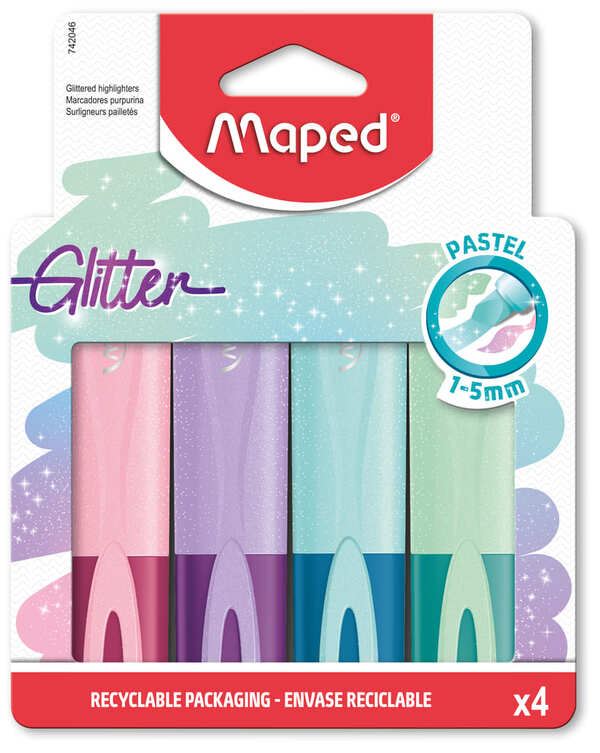 MAPED GLITTER CLASSIC HIGHLIGHTER X4 CARDBOARD POUCH PASTEL COLORS