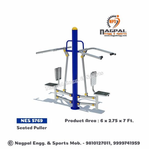 Outdoor Gym Series : Seater PullerProduct Code: NES 5769Main Pipe: 114mm OD Metal Pipe (3mm Thickness)Supporting Pipe : 48MM OD Metal Pipe and 40x40 Metal BoxSeat/Back: Rotomolded /Metal