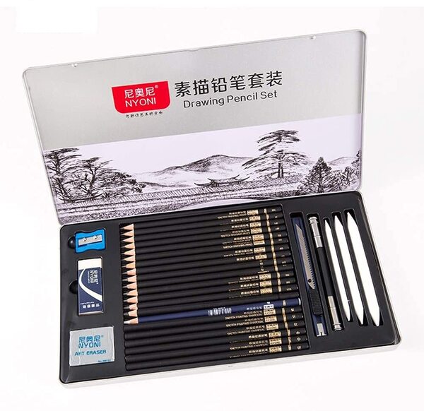 Sketch Pencil Set Drawing Painting Tools Iron Box Packing Artistic Materials Pencils Rubber Pencil Charcoal Pencils Etc 29 Pieces per Set