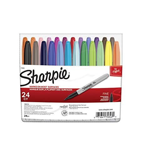 Proudly permanent ink marks on paper, plastic, metal, and most other surfaces;Intensely brilliant colours create eye-popping, vibrant impressions;Remarkably resilient ink dries quickly and resists fading and water; AP certified;Endlessly versatile fine tip makes impressively bold, detailed marks;Colourful options: Includes a vivid array of 24 brilliant Sharpie permanent markers