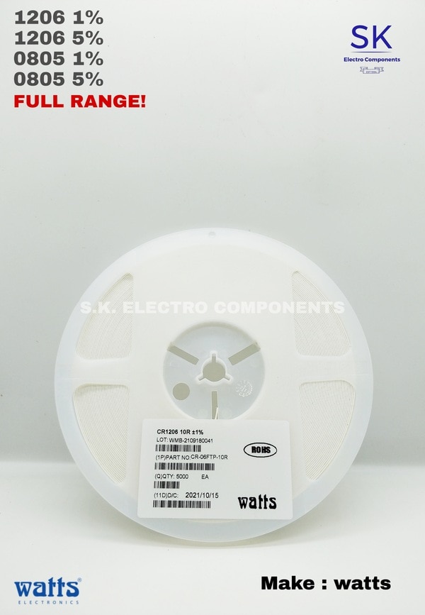 WATTS SMD Resistor offer a wide range of power ratings from 1/20W to IW and are available in tolerance ranges of ± 1 % and ±5% % with insulation Resistance ≥ 1000MΩ. .Miniature size, excellent mechanical strength and electrical stability ensures reduced costs and enhances dependability.SK ELECTRO COMPONENTS ARE AUTHORISED DISTRIBUTOR OF WATTS