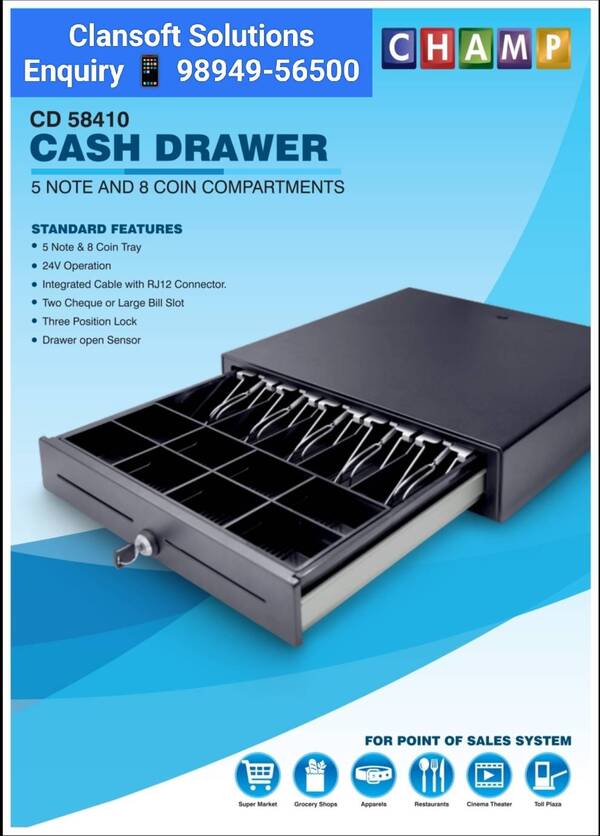 ADVANTAGES 5 Note and 8 Coin trays 24 Volt Operation Integrated cable with RJ12 connector Two cheques/large bill slots Three-position lock Open drawer sensorThe CHAMP CD 58410 Cash Drawer is designed for more reliable and secure operations. It is constructed rugged with thick gauge cold rolled steel. Wear-resistant plastic rollers riding on steel guides, provides smooth and wobble-free slide. Its three-position lock with An open drawer sensors offers maximum security for the cash. An adjustable note compartment offers wobble-free to adjust the width, to accept any currency.