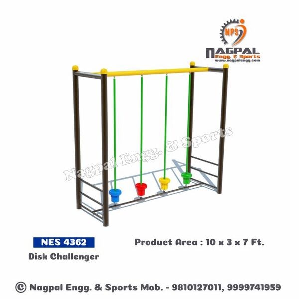 Playground Climber - Disk ChallengerArea: 10 x 3 x 7 FtPlay Area: 14 x 7 FtMetal Structure