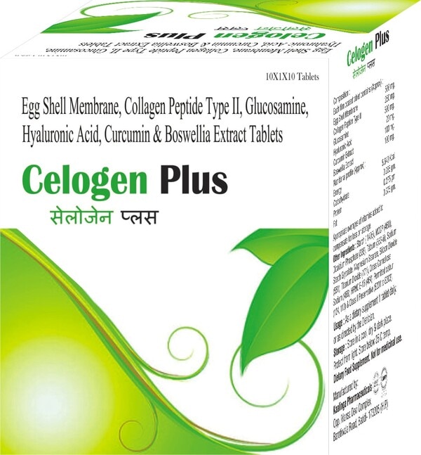 General Brand CELOGEN PLUSBRAND DESCRIPTION Egg Shell Membrane 500mg + Glucosamine 500 mg + Collagen Type II 250 mg + Hyaluronic Acid 20 mg + Curcumin Extract 100 mg + Boswellia Extract 100 mg TabletsPACKING 10 TabletsType Management of Osteoarthritis & Joint PainForm Tablet