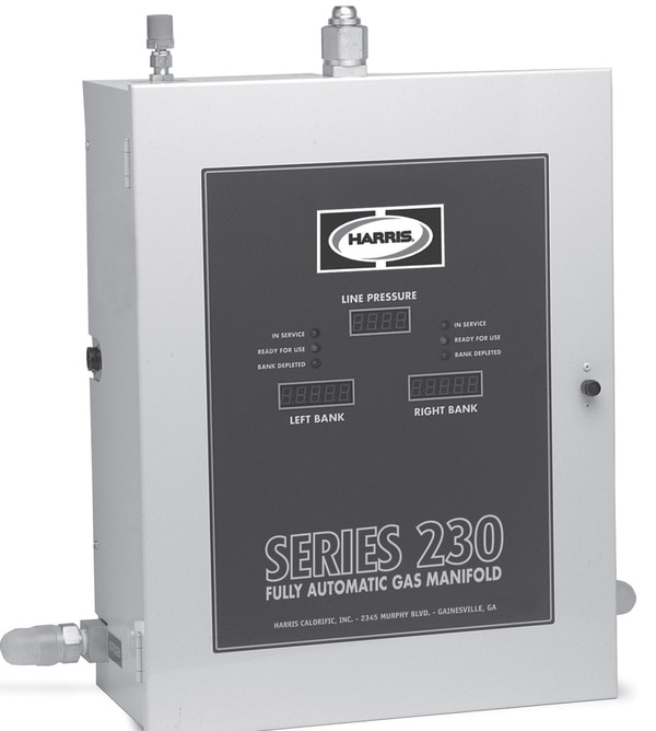 FEATURES*Connects to remote alarm systems. Up to 3 amps 30 volts (DC) or 2 amps 250 volts (AC). Visual remote alarm is standard. Audio/Visual alarm optional*Fully Automatic Change-over - no levers to reset, continuous, uninterrupted gas flow. The only manual function is to replace depleted cylinders*Display read-out in PSIG, KPA or BAR*Micro controller monitors all functions and controls change-over*Built to accommodate future cylinder expansion by adding header extensions*Special header configurations available upon request*Optional audio/visual alarm and floor stand available*Manifold Outlet: 1/2” MNPT*Relief Valve Outlet: 1/2” MNPT*24” flexible stainless steel pigtails with check valves*1/2” brass, silver brazed headers*Electrical - 115 volts (AC)