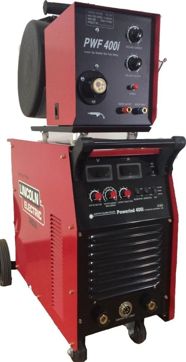 Key Features:The POWER IND 400I is a semi-automatic, constant voltage (CV)/ constant current (CC) DC welding power source. This machine features a smaller footprint and the same rugged look that customers have come to expect from all Lincoln Electric industrial welding power sources.Advantage Lincoln:*Light weight and portable- easy to move and suitable for stacking*Features Lincoln’s latest generation Inverter technology for maximum reliability*Thermal overload and single phasing protection for stable welding output under all demanding conditions*Light weight 4 roll drive wire feeder with servo control motor and quick changeover wire feeding mechanism*Adjustable inductance control - Gives operator control over spatter issues*Adjustable crater voltage and crater current control – Gives operator control to achieve good weld ends.*Enclosed wire feeder with spool cover to avoid rusting of wire*Wire diameter range- Solid wire :- 0.8 -1.2 mm                                         Flux cored:- 1.2 – 1.6mmProcesses:MIG/MAG, STICK , FCAWPackages includes*Wire feeder*Interconnection cable*Gas regulator with heater