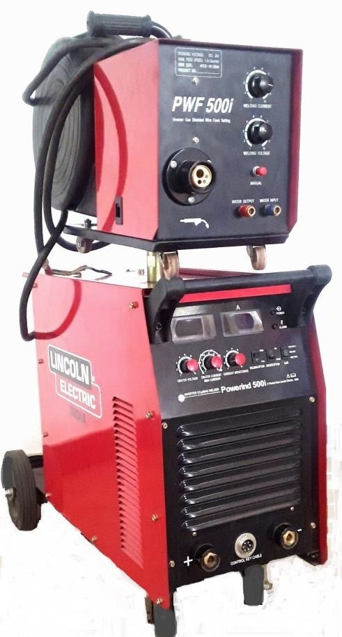 Key Features:The POWER IND 500I is a semi-automatic, constant voltage (CV)/ constant current (CC) DC welding power source. This machine features a smaller footprint and the same rugged look that customers have come to expect from all Lincoln Electric industrial welding power sources.Advantage Lincoln:*IGBT inverter technology, inverter frequency is up to 20 kHz.*Light weight and portable- easy to move and suitable for stacking*Features Lincoln’s latest generation Inverter technology for maximum reliability*Thermal overload and single phasing protection for stable welding output under all demanding conditions*Light weight 4 roll drive wire feeder with servo control motor and quick changeover wire feeding mechanism*Adjustable inductance control - Gives operator control over spatter issues*Adjustable crater voltage and crater current control – Gives operator control to achieve good weld ends.*Enclosed wire feeder with spool cover to avoid rusting of wire*Close loop feedback control, stable output voltage, strong ability of power supply compensation*Specially designed dynamic characteristic control circuit, little spatter, good welding surface, higher efficiency*Arc ending, ball cutting, soft wire feeding*Wire diameter range- 0.8 -1.6 mmProcessesMIG/MAG, STICK , FCAWPackages includes:*Wire feeder*Interconnection cable*Gas regulator with heater