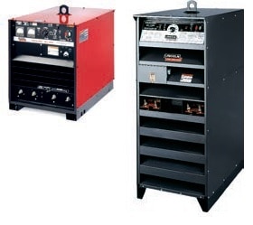 Idealarc® DC-1000, Idealarc® DC-1500 : Industrial DC Multi-process weldersIf an application requires pure welding power combined with multi-process power, then the Idealarc® DC-1000 with 1300 amps of smooth DC output is your best investment. Designed for Semi-automatic and automatic welding, the precise control of the Idealarc® DC-1000 provides superior MIG, flux-cored, submerged-arc welding and excellent air carbon arc gouging with up to 16.0 mm diameter carbons. The Idealarc® DC-1500 is a multi-process DC arc welding power source for automatic welding applications. It produces outstanding arc characteristics on both constant voltage and constant current processes for great welding versatility from a single power source. A single range full output control potentiometer provides outstanding welding performance.Features (Idealarc® DC1000)• 500 amp output connections provide enhanced arc characteristics for low amperage flux-cored (FCAW) and MIG welding procedures.• Single range control for precise output control and easy operation.• Terminal strip and output studs for remote connections and cable.• Low profile case allows installation of a work-bench and stacking up to 2 machines to conserve floor space.• Removable side panels for easy access to internal parts.• Line voltage compensation maintains weld consistency, even with line voltage changes of ±10%.• Internal components, including windings, rectifiers and circuit boards, are coated to protect against the effects of moisture and corrosion.• Seven-year warranty on power rectifierFeatures (Idealarc® DC1500):• Full range output voltage control for easy operation and precise output control.• Mode switch used to select the desired output characteristics for the process being used.• Line voltage compensation for maintaining weld consistency, even with line voltage changes of ±10%.• Fan cooled with electronic and thermostatic protection from current overload and excessive temperatures.• Function lights built into the printed circuit boards speed diagnostics.• Windings and rectifiers protected against moisture and corrosive environments.• Removable side panels for easy access to internal parts.• Recessed front panel protects operating controls.• Terminal strip and output studs for remote connections and cable.• Seven-year warranty on power rectifier.