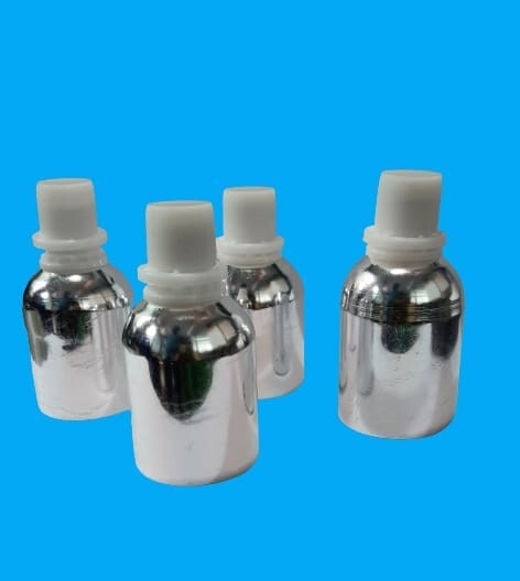 35ml Silver Anodized Aluminium Bottles with Dia 35mm, Neck 10.50mm, Height 70mm, Label Area 35mm, Weight with closer 0.011gm, without closer 0.008gm, Brimful capacity 38ml.