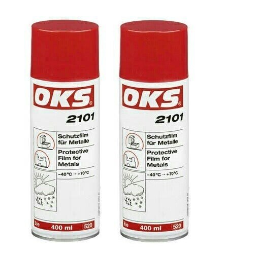 OKS 2101 – Protective Film for Metals, SprayDry and clean protective film fast to handling on a wax basis for metals that can be removed easily and protects against corrosion reliably up to two years.Areas of applicationPreservation of bare metal surfaces of all kinds, which are stored for longer periods and are subject to effects of weathering (tropics, ocean, industrial atmosphere)Ideal on-call and storage protection for spare parts with possibility of direction installationAdvantages and benefitsHighly effective due to good film-forming propertiesOutstanding corrosion and oxidation protectionNo degreasing prior to commissioning required, as compatible with all lubricantsWaterproof and resistant to weatheringSuitable for all climate zonesNo surface discolourationTechnical specificationsOperating temperature: -40 °C → +70 °CSalt spray test: 1,000 h with 50 µm layer thicknessLayer thickness: approx. 10 µm for one-time applicationApplicationsFor optimum effect, clean the surfaces. Best way is to clean mechanically first and then with OKS 2610/OKS 2611 universal cleaner. The surfaces must be bright metal and dry. Stir OKS 2100 thoroughly before use. Apply in an evenly thin film to the prepared surfaces, preferably by spraying or dipping, in individual cases also by brush. Shake OKS 2101 well and spray on evenly. Avoid local excesses. Drying times as specified in the following technical data.
