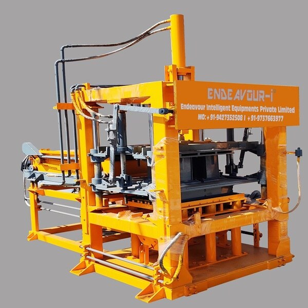 Hydraulic Vibro Compacting Concrete Blocks PlantMulti Product Machine to Produce Fly Ash Bricks, Cement Bricks, Concrete Solid Blocks, Concrete Hollow Blocks, Concrete Paver Blocks, Concrete Paver Blocks with Color Face etc…Model: ENDEAVOUR-iC1800Production Capacity: 8 Bricks per Stroke / 1200-1800 Bricks per HourStandard Bricks Size: 230 X 110 X 75 mm (Size Options Available)Vibration: Oil Filled Box Type High Speed Vibration Controlled by VFDPan Mixer Capacity: 600 Kgs per Batch – 1 MixerHydraulic Tank Capacity: 250 LtrsControl Panel: User Friendly PLC Based Control Panel with Touch Screen DisplayPallet Size: 570 X 570 X 19 mmConnected Power: 26 HP / 19.5 KW / 3 Phase / 440 Volts / 50 HtzDetails & Specifications are subjected to change without Prior Notice.