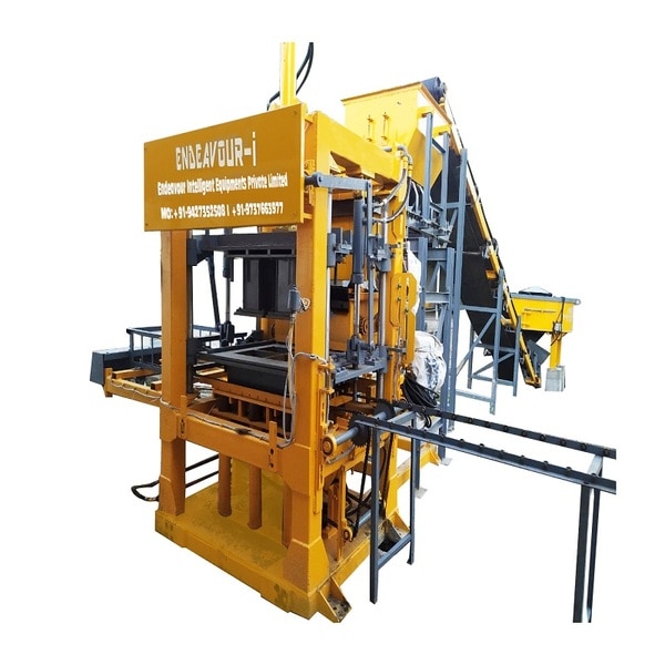 Hydraulic Vibro Compacting Concrete Blocks PlantMulti Product Machine to Produce Fly Ash Bricks, Cement Bricks, Concrete Solid Blocks, Concrete Hollow Blocks, Concrete Paver Blocks, Concrete Paver Blocks with Color Face etc…Model: ENDEAVOUR-iC2000Production Capacity: 10 Bricks per Stroke / 1500-2000 Bricks per HourStandard Bricks Size: 230 X 110 X 75 mm (Size Options Available)Vibration: Oil Filled Box Type High Speed Vibration Controlled by VFDPan Mixer Capacity: 750 Kgs per Batch – 1 MixerHydraulic Tank Capacity: 400 LtrsControl Panel: User Friendly PLC Based Control Panel with Touch Screen DisplayPallet Size: 570 X 720 X 19 mmConnected Power: 37.5 HP / 28.125 KW / 3 Phase / 440 Volts / 50 HtzDetails & Specifications are subjected to change without Prior Notice.